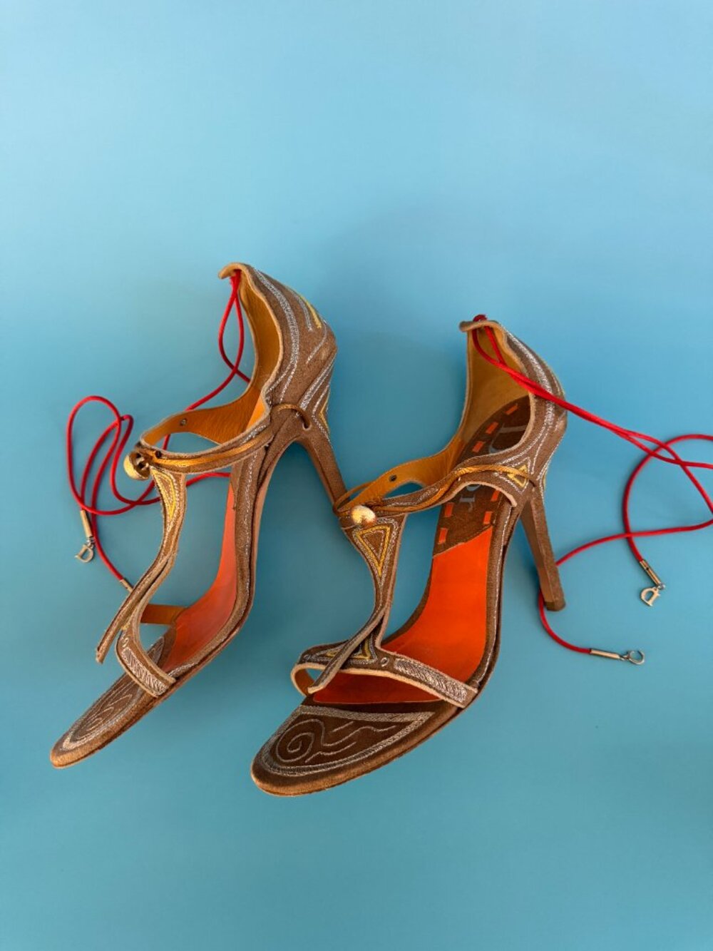 Christian Dior Galliano Embroidered Suede Ankle Tie Heels Orange Footbed 38 Full - Picture 6 of 9